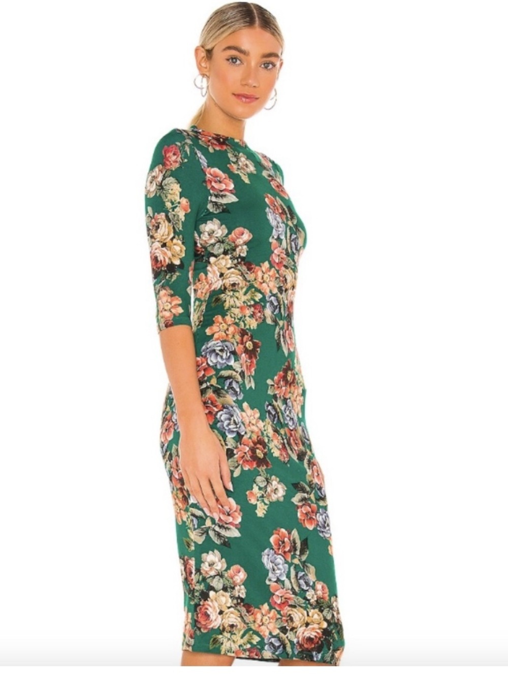 Alice + Olivia Delora Fitted Green Floral Midi Dress w/ 3/4 Sleeves Size 4 - Picture 11 of 12